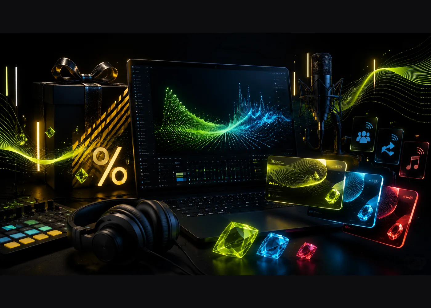 Black Friday Music Boost campaign visual with AI music workstation and glowing bonus credit cards