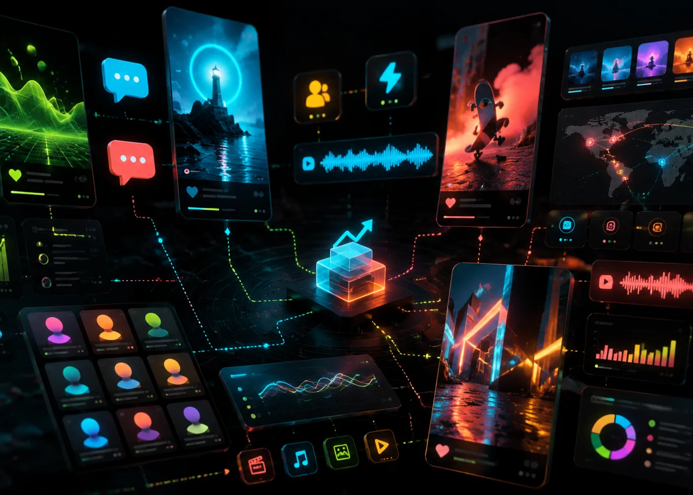 Creator studio desk with AI music dashboard, audio timeline, and social publishing panels